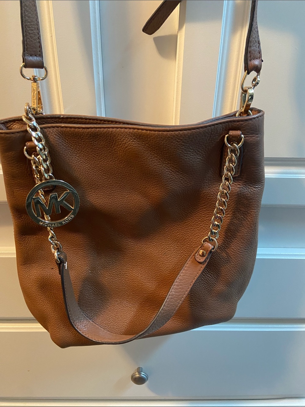 Michael Kors Brown Pebbled Leather Shoulder Tote with Gold-Tone MK Charm